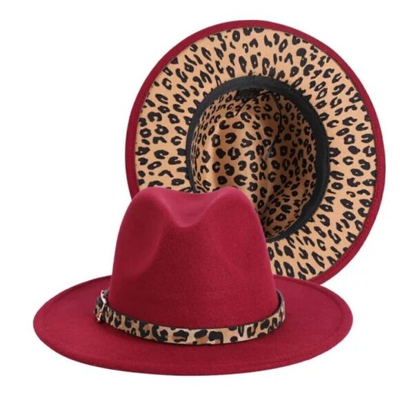 Accessories - Burgundy Fedora Hat with Animal Print base